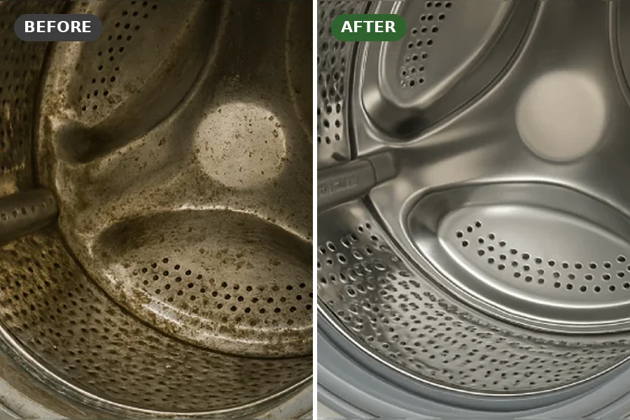 Washer drum coated in brown residue beside the same type of drum cleaned to bare steel