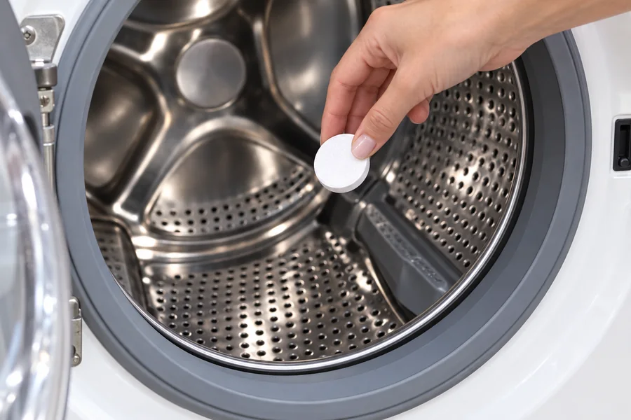 Hand placing a white cleaning tablet into an empty front-load washer drum